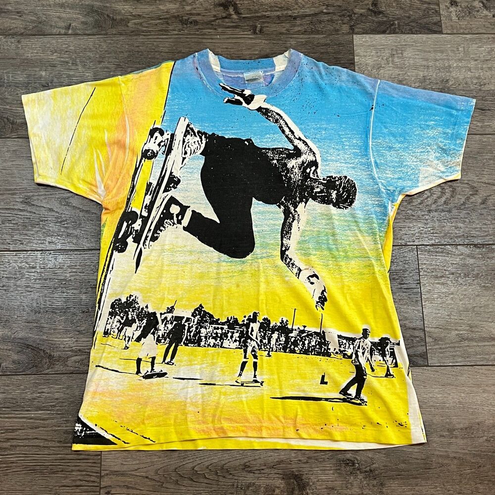 RARE! Vintage 80s FREEZE Vibrant Skater AOP T-Shirt Single Stitch Made in USA XL